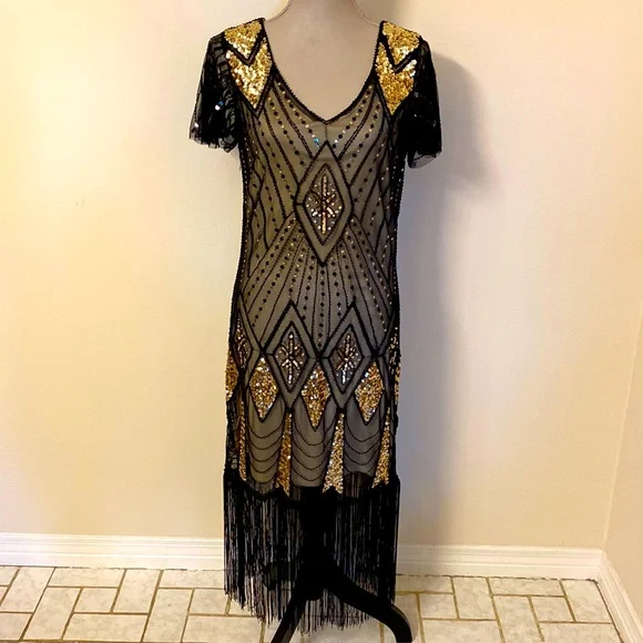 Dresses | Roaring 2s Gatsby Gorgeous Gold And Black Medium Dress Nwot |  Poshmark